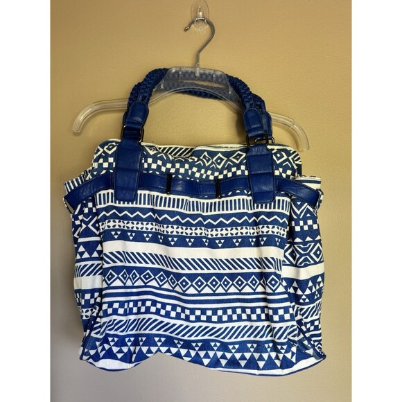 R & J BoHo Painted Canvas Tote HandBag Purse Thick Braided Handles LG Blue White - Picture 2 of 4